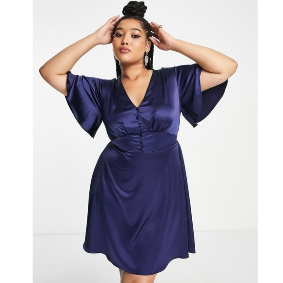 FLOUNCE LONDON Navy Satin Flutter Sleeve Mini Dress Womens Sz 16 Short Sleeve V - Picture 1 of 15